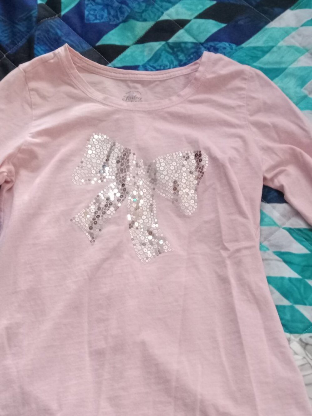 Faded Glory Girls Pink long sleeved tee with Silver sequin bow size L/G (10-12)